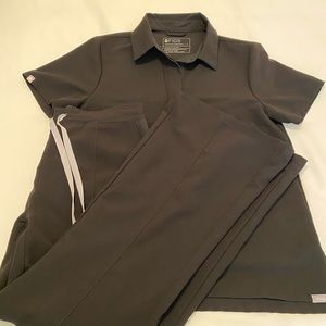 Small FIGS black polo scrub top and small petite FIGS flare scrub pants